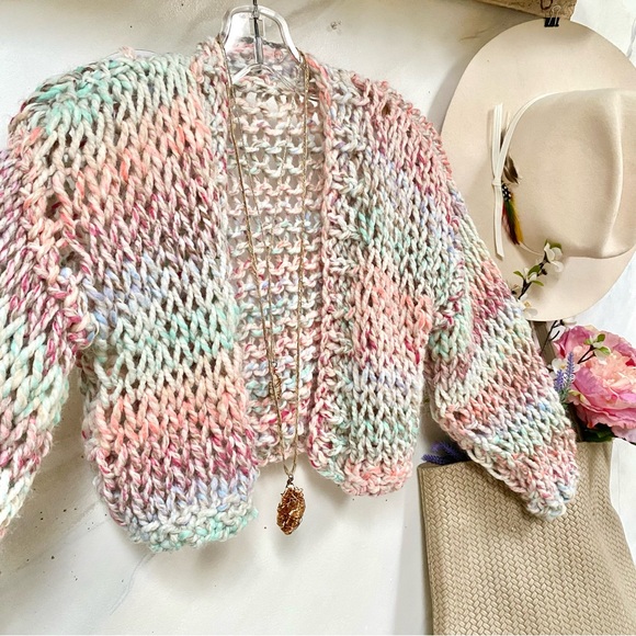 Artisan chunky knit cropped boho sweater w prairie shabby chic vibe - Picture 5 of 10